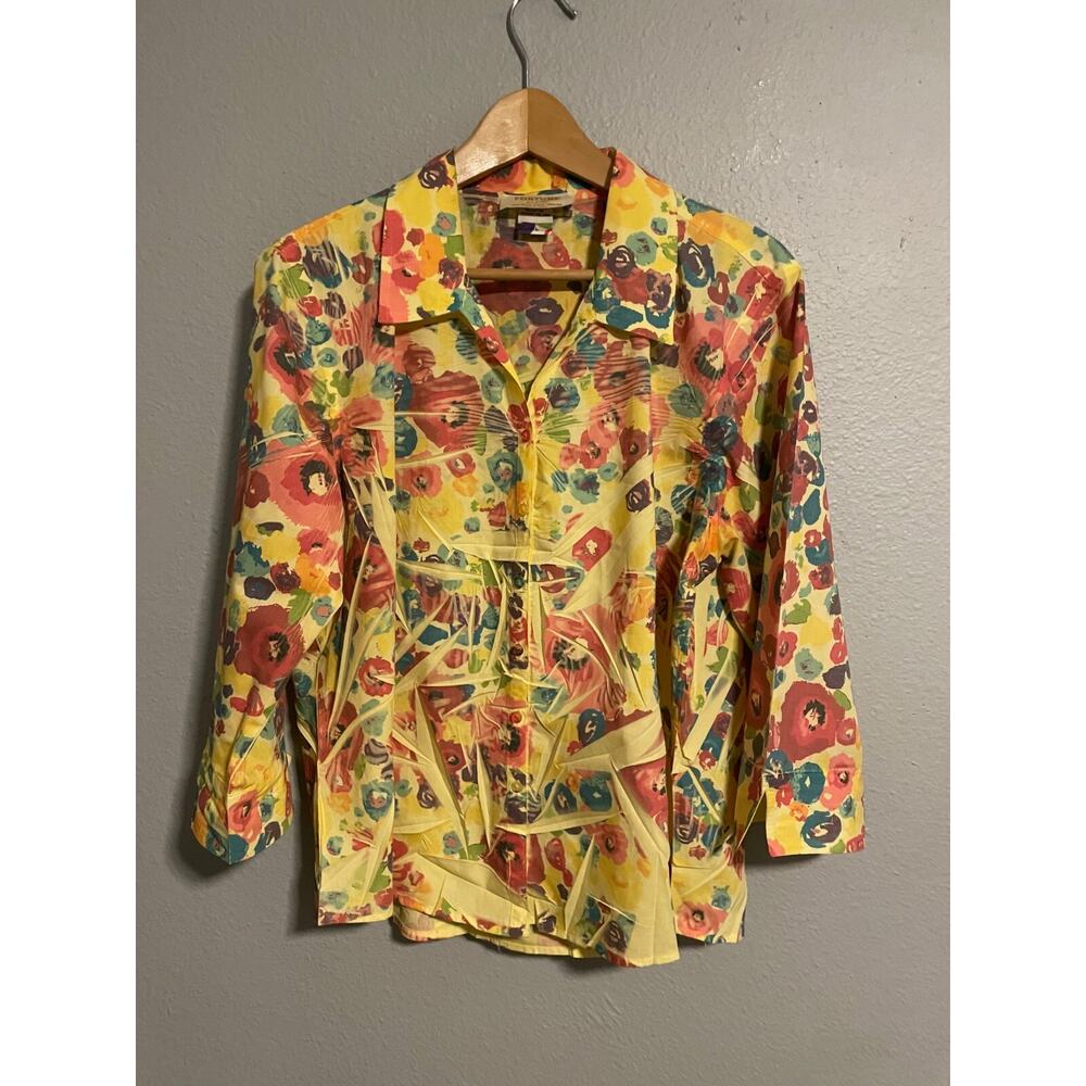 Vintage Fortune by Stan Womens Top XL Yellow Floral Button Up Mod MCM Boho 70s